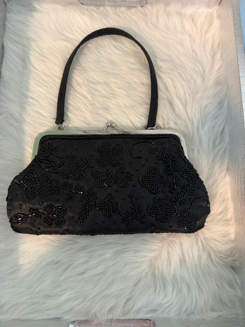 Black Beaded Floral Formal Rope Strap Snap Closure Purse